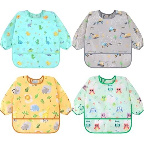Accmor 4 Pack Long Sleeve Bibs, Baby Smock Waterproof Sleeved Bib Smock for Baby Toddler 6-36 Months