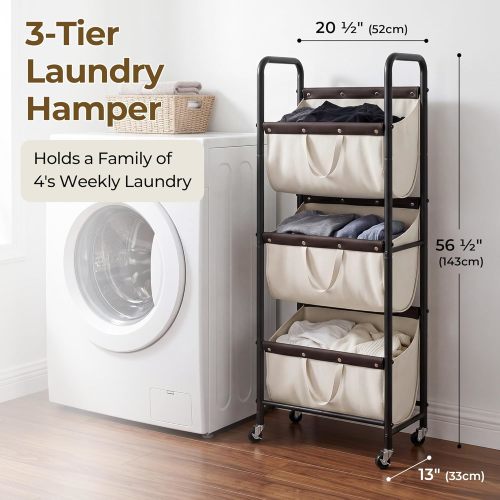 GRANNY SAYS 3 Section Tiered Laundry Sorter, Slim Vertical Laundry Hamper with Wheels, Narrow Rolling Laundry Cart with Removable Bags for Laundry Room, Bathroom, Closet, Dorm, Beige