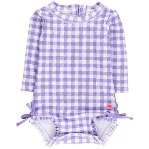 RuffleButts Baby Girls UPF 50+ Sun Protection Gingham Printed Long Sleeve One Piece Rash Guard Swimsuit with Zipper