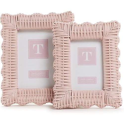 Two's Company Set of 2 Rattan Photo Frames, Includes 4x6 and 5x7 Inch Sizes, Artisan Crafted, Home Decor Accessories (Pink Wicker Weave)