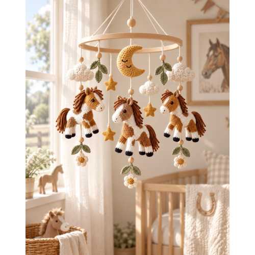 Crochet Horse Baby Mobile, Western Crib Mobile, Pony Nursery Decor, Cowboy Nursery, Moon & Stars Baby Shower Gift