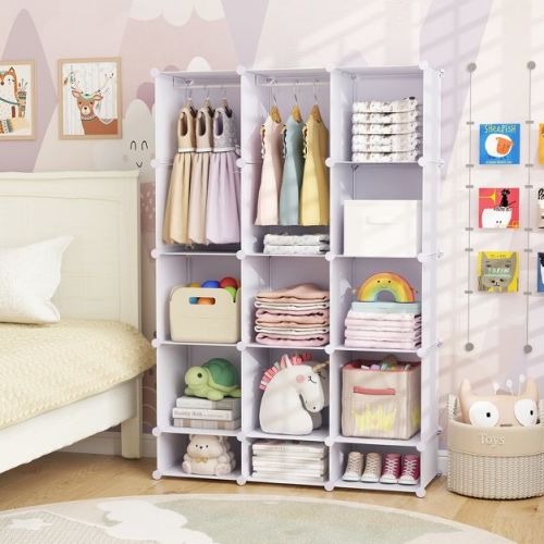 Costway 13-Cube Modular Baby Wardrobe Closet with Hanging Rods & Open Shelves for Clothes White