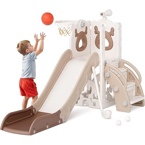 Mloong 7 in 1 Toddler Slide, Kids Slide for Toddlers Baby 1-3 Years Old, Indoor and Outdoor with Basketball Hoop Upgraded Golf for Kids Easy Assembly Elk Design(Beige & Rosy Brown)(28×62×39in)