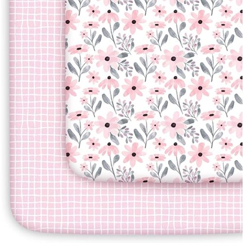 Yoofoss Pack and Play Sheets Girl 2 Pack, 38x26 Mini Crib Sheets Fitted for Baby Compatible with Graco Pack n Play Mattress,Ultra Soft Breathable Microfiber Pink Floral