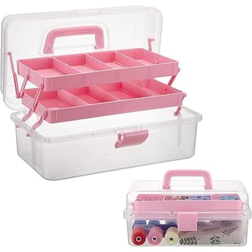 BTSKY 3-Layer Clear Plastic Dividing Storage Box Craft Organizer and Storage with Adjustable Spacers Portable Handled Art Supply Organizer Multipurpose Home Utility Box Sewing Organizers (Pink)