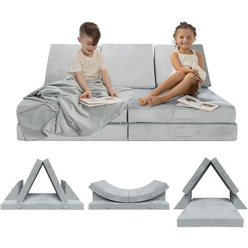 Milliard Kids 7pcs Modular Sectional Sofa - Foam Play Couch - Soft Washable Grey Velour, Includes Bonus Blanket - Toddler Couch, Perfect for Playroom and Bedroom - 52x30x20in