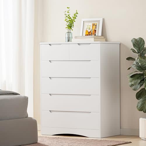 Gizoon Tall 6 Drawer Dresser, White Bedroom Chest of Drawers Cabinet | Tall 6 drawer dresser & chest of drawers for bedroom storage. Vertical space saving wooden organizer for small spaces