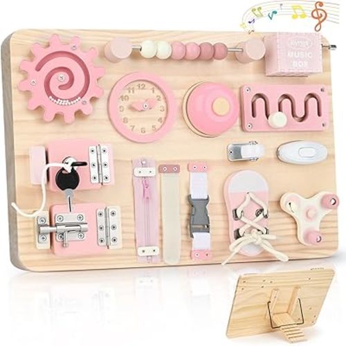 Joyreal Large Wooden Busy Board for Toddlers with Foldable Stand, 15-in-1 Montessori Sensory Toys Activity Learning Board with Music Box, Educational Gift for 1 2 3 Year Old Boys Girls
