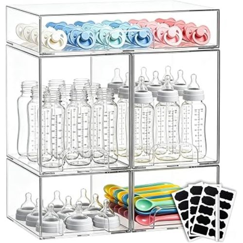 Baby Bottle Organizer Stackable, 5 Pack Clear Stackable Storage Drawers with 3 Stickers & 1 Pen, for Stationery, Cosmetics, Bathroom, Vanity, Countertop & Cabinet ((7.7" and 4.2" Tall and 12.2" Wide)