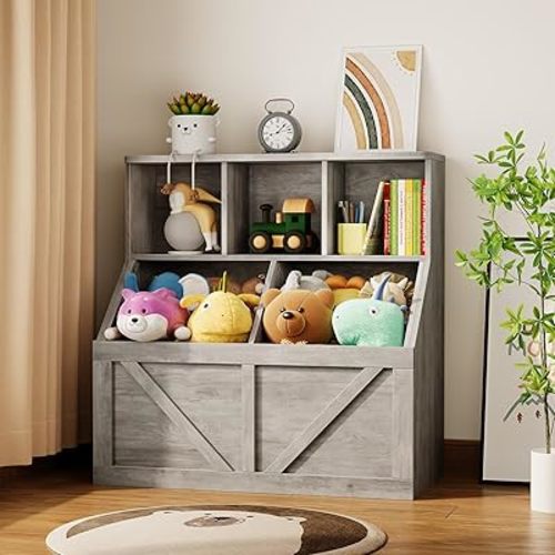 IDEALHOUSE Kids Bookshelf and Toy Storage, Toy Storage Organizer, Toy Organizer with Storage Cabinet and Toy Shelf, Toddler Book Shelf for Kids Rooms, Playroom, Bedroom, Nursery, Daycare, Washed Grey