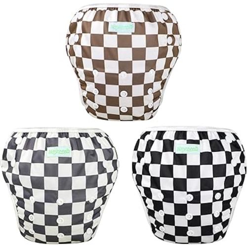 wegreeco Baby & Toddler Snap One Size Adjustable Reusable Baby Swim Diaper (Black, Grey, Dark Coffee Checkerboard,Small,3 Pack)