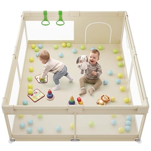 Fodoss Baby Playpen, 59×69in Beige Playpen for Babies and Toddlers