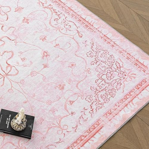Pink Area Rugs 8x10 for Bedroom Playroom - Large Pastel Boho Classroom Rug,Washable Under Bed Bow Floral Cottagecore French Country Rug for Living Room Nursery,Cute Room Decor Aesthetic for Teen Girl