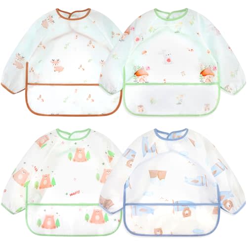 Accmor 4 Pack Long Sleeve Bibs, Baby Smock Waterproof Sleeved Bib Smock for Baby Toddler 6-36 Months