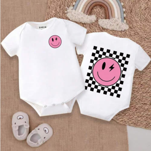 SHEIN Baby Girls' Casual Black And White Checkerboard Triangle Bodysuit With Funny Face Print, Short Sleeves | SHEIN USA