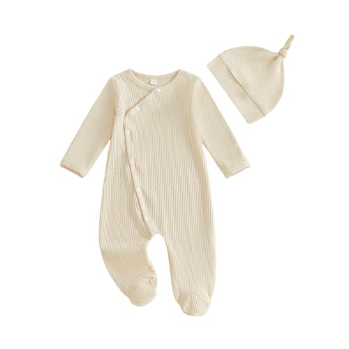 Kuriozud Newborn Baby Boy Going Home Outfit Kimono Romper with Mitten Cuffs | Kimono Footed Romper Jumpsuit with Mitten Cuffs Beanie Hat, Snap Closure, for Hospital, Coming Home, Shower Gift, Photoshoot