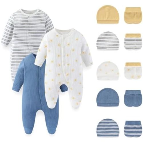 Fashion Baby Boy Girl Clothing Set Cotton Soft 3-Piece Long Sleeve Button Rompers 5-Pack Hats&Gloves Infant Clothes
