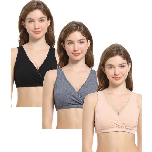 CAKYE 3 Pack Cotton Maternity Nursing Bras Breastfeeding Sleep Bralette Postpartum Bra