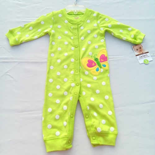 VTG Y2K Carters Baby Girl Romper Sleeper Green Polka Dot Butterfly 3 Month NEW