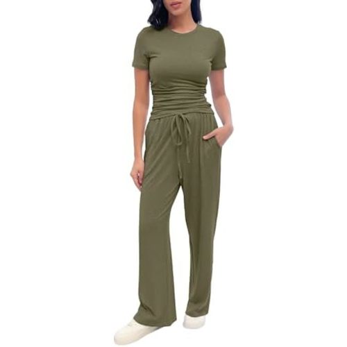 2 Piece Pajama Set for Women with Pockets, Short Sleeve Ruched Top, Wide Leg Pants with Drawstring, Soft Loungewear