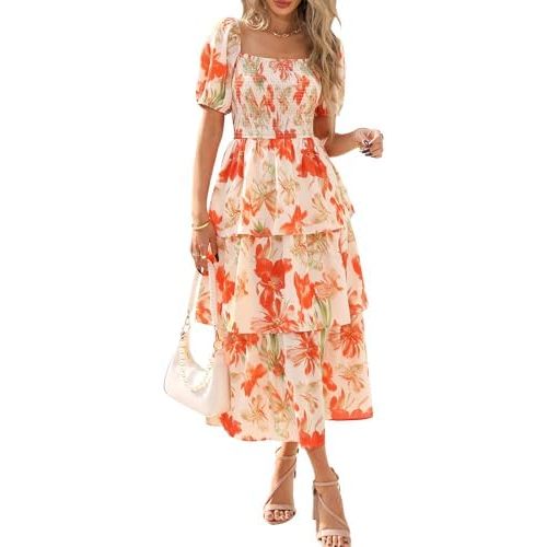 BTFBM Womens Square Neck Smocked Dress Summer Puff Short Sleeve Floral Casual Ruffle Tiered Maxi Wedding Guest Dresses