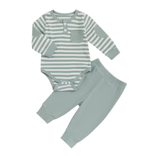 fhutpw Baby Boy Clothes 3 6 12 18 Months Ribbed Knitted Long Sleeve Romper and Pants Sets Newborn Fall Splicing Color Outfits