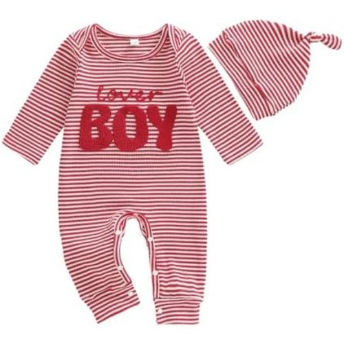 Sasaerucure Infant Newborn Baby boy Valentine’s Day Outfit Lover Boy Embroidery Striped Long Sleeve Romper Jumpsuit Hat Set