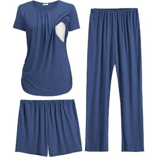 Ekouaer Maternity Nursing Pajamas Set 3 Piece Postpartum Lounge Breastfeeding Pjs Pregnancy Shorts & Pants Navy Blue L