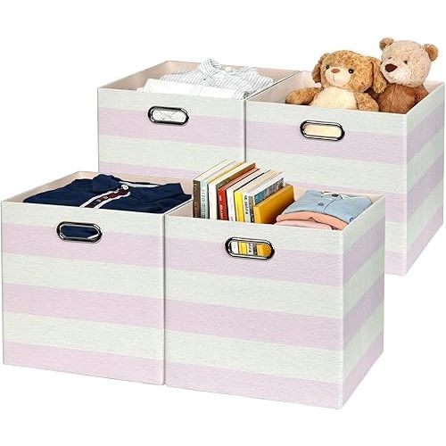Storage Bins Storage Cubes,13×13×13 Collapsible Storage Boxes Containers Organizer Baskets - 4pc, Light Pink Striped
