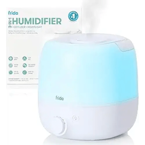 Frida Baby 3-in-1 Cool Mist Humidifier for Large Rooms, Top Fill Humidifier for Bedroom, Allergy Relief, 60 Hour Runtime + Nightlight, Auto Shut-Off, Quiet, Carry Handle, Essential Oil Diffuser