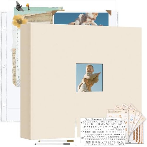 Vienrose Linen Scrapbook Photo Album Kit, Large 3 Ring Binder Scrapbook with 30 Plastic Sleeves, 15x13 Inch DIY Memory Book for Wedding, Anniversary, Family & Kids Keepsake Gift, Beige