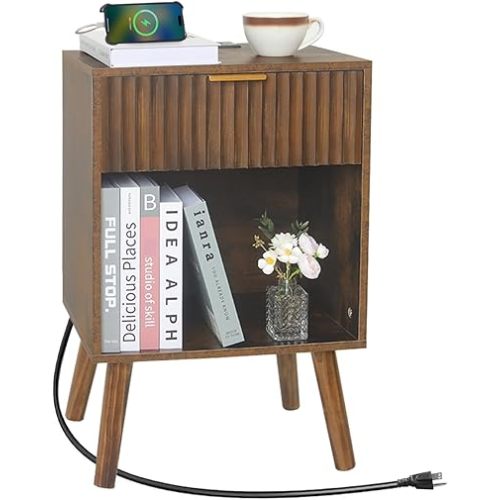 Mid Century Modern Nightstand with Charging Station, Modern Bedside Table with Fluted Drawer and Storage Shelf, End Side Tables Living Room for Bedroom, Office (Rustic Brwon)