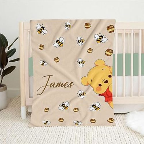 Personalized Pooh Bear Blanket, Custom Baby Blanket for Girl or Boy, Pooh Bear and Friends, Soft & Warm Throw Birthday Gift for Kids, Bears Nursery Theme, Unique Gift for Birthday or Christmas