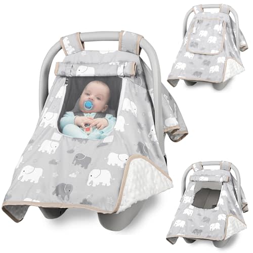 Baby Carseat Seat Cover Girls, Winter Carseat Canopy, Cozy & Warm Cover with Zipper Peep Windows, Infant Minky Carrier Cover, Soft Breathable, Baby Must Have, Grey Elephant