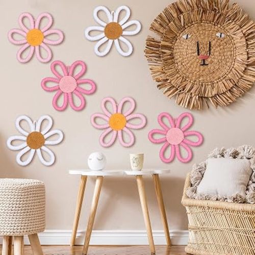 Zeyune 6 Pcs Boho Nursery Decor Daisy Flower Wall Art Woven Macrame Wall Hanging Boho Daisy Floral Nursery Decor for Home Bedroom(Cute,Yarn and Cotton Rope)