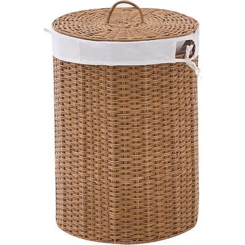 Round Wicker Laundry Hamper with Lid Handwoven Rattan Basket with Handles for Dirty Clothes, 2 Washable Liner Bags, No Assembly Required, Washable Basket, 90L