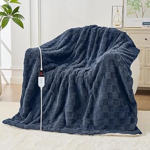 Electric Heated Blanket Full Size - Jacquard Checkered Sherpa 72"x84" Fast Heating Bed Blankets with 6 Heating Levels & 10 Hours Auto Off, Over-Heat Protection ETL, Navy Blue