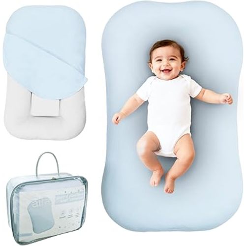 Aila + Aiden Baby Lounger | Organic Cotton Infant Lounger | Adjustable & Portable Floor Lounger | Supervised Use | Soft, Breathable, Washable Cover - Snuggle Collection - (Blue)