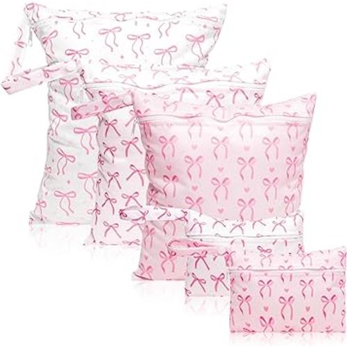 R HORSE 5Pcs Waterproof Baby Diaper Bag, Cute Pink Bow Wet Dry Bag with Handle Zipper Toiletry Organizing Pouches for Cloth Diapers Swimsuits Travel Beach Pool Essentials for Boys Girls
