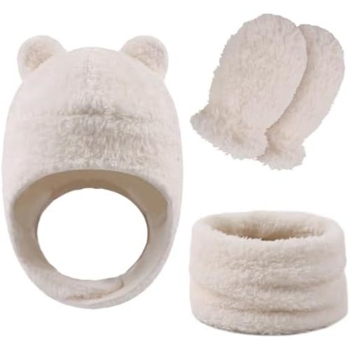 Fleece Baby Hat Scarf Mitten Set Winter Toddler Beanie Warm Mittens Infant Scarves Ears Earflap Hats for Baby Boys Girls