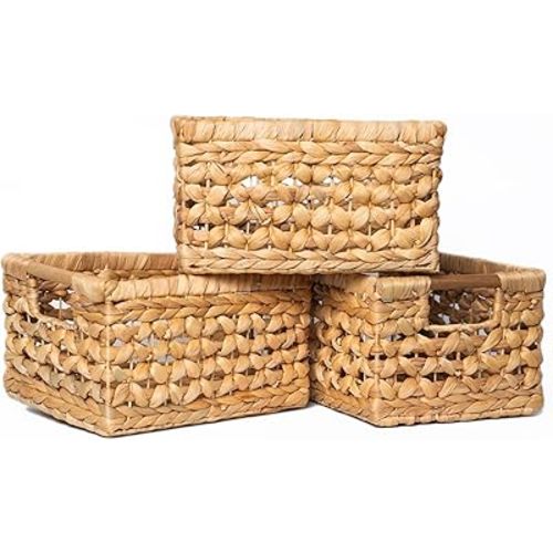 NAYA Water Hyacinth Storage Baskets for Shelves, Set of 3 Woven Organizer Bins with Handles, Wicker Storage