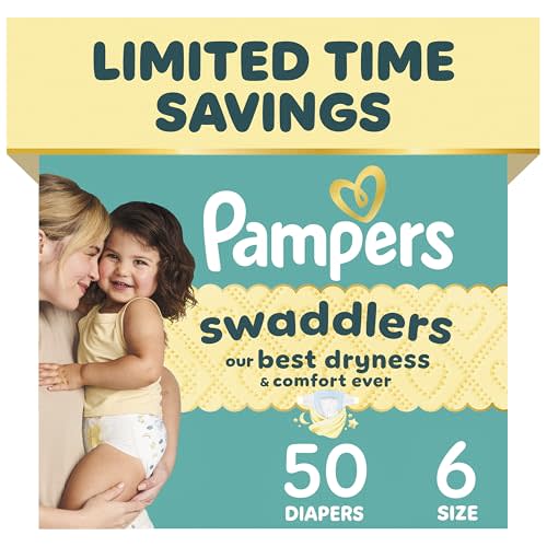 Pampers Swaddlers Diapers, Size 6 (23-44 lbs), 50 Count, Hypoallergenic, Absorbent, Keeps Baby Dry and Comfortable, Skin Safe Disposable Baby Diaper