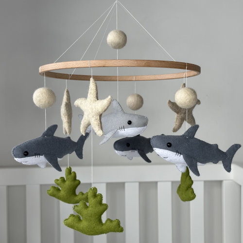 Felt Shark Baby Mobile, Nautical Ocean Crib Decor, Baby Shower Gift