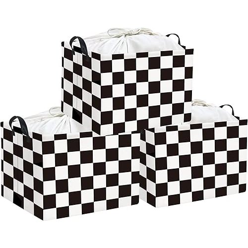 HIYAGON Rectangular Storage Bin Collapse Canvas Fabric Cartoon Storage Basket with Handles for Organizing Home Kitchen(Check)