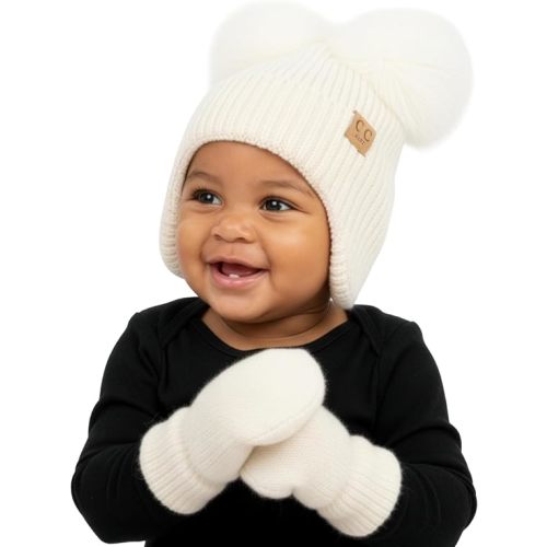 Funky Junque Baby Double Faux Fur Pom Pom Beanie & Mittens Set – Newborn Infant 0–9 Months Winter Hat with Soft Lined Mittens