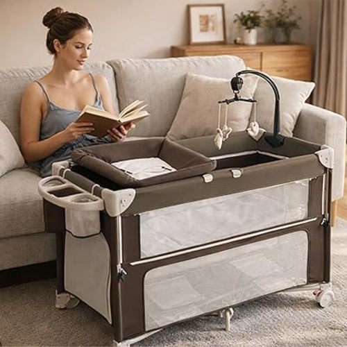 5-in-1 Pack and Play, Foldable Baby Bassinet Bedside Sleeper,One-Push Bedside Crib with Playard, Includes Mattress, Changing Table, Mosquito Net, Music Toy & Storage for Newborn to Toddler(Chocolate)