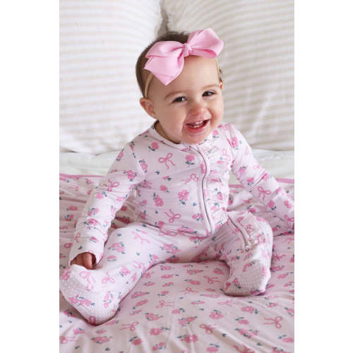 Ribbon & Roses Ruffle Zipper Footie | Pink