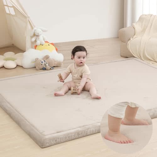 Huloo Sleep 2" Extra Thick Baby Play Mat for Floor,Ultra Soft Elasti Foam Mat for Tummy Time & Crawling,Playpen,Non Slip Nursery Rug for Toddlers,Infants,kids,Tatami Style for Yoga,Playroom(Beige)