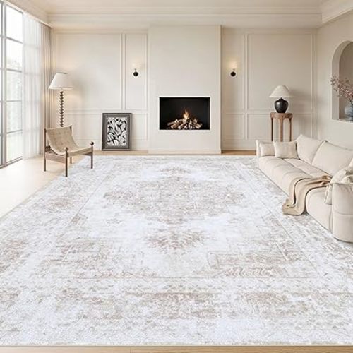Area Rug 9x12 Living Room Rug, Machine Washable Vintage Distressed Medallion Rug Non-Slip Soft Low Pile Large Indoor Rugs for Bedroom Kitchen Dining Room Office(Beige,9'x12')