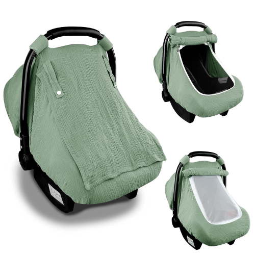 Muslin Car Seat Covers for Babies, Summer Baby Cover Boys Girls with Breathable Window, Lightweight Infant Canopy, Green
